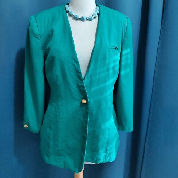 VTG Jacqueline Ferrar Teal Suit Set | Shrunk | Gold Button Blazer & Pencil skirt - Picture 1 of 16